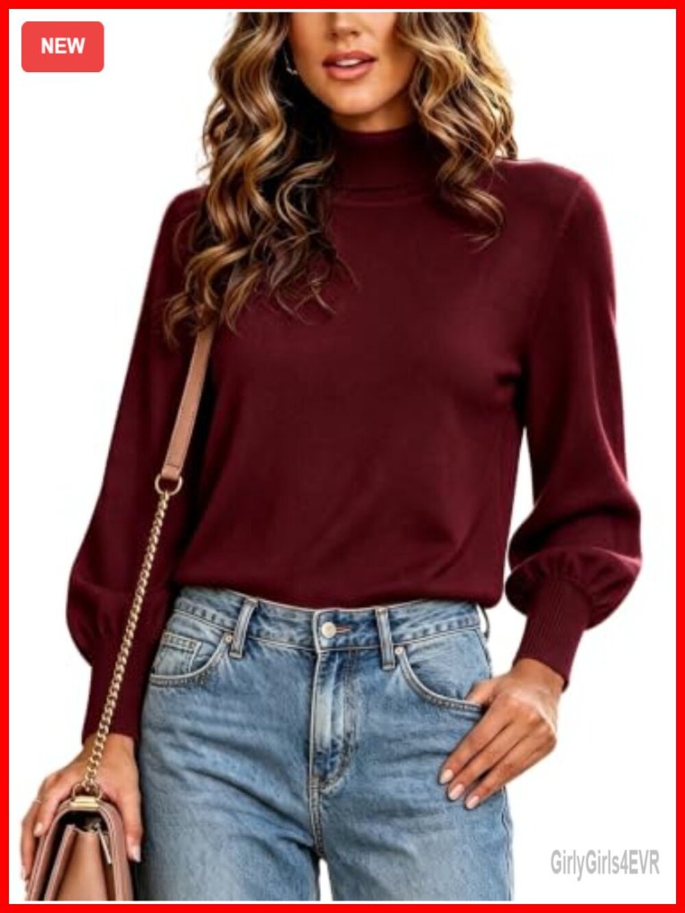Womens Turtleneck Lantern Sleeve Sweater Viscose Blend Pullover